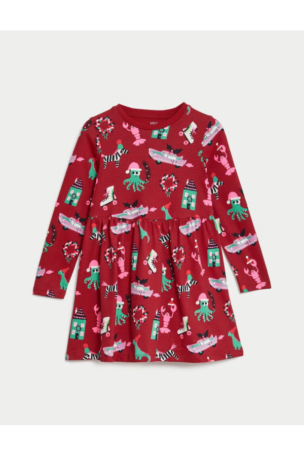 Pure Cotton Christmas Themed Long Sleeve Dress 